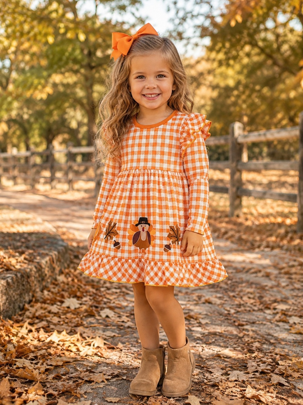 New Girls Boutique Fall Gingham Pumpkin‎ Turkey Thanksgiving Print Dress Ruffle